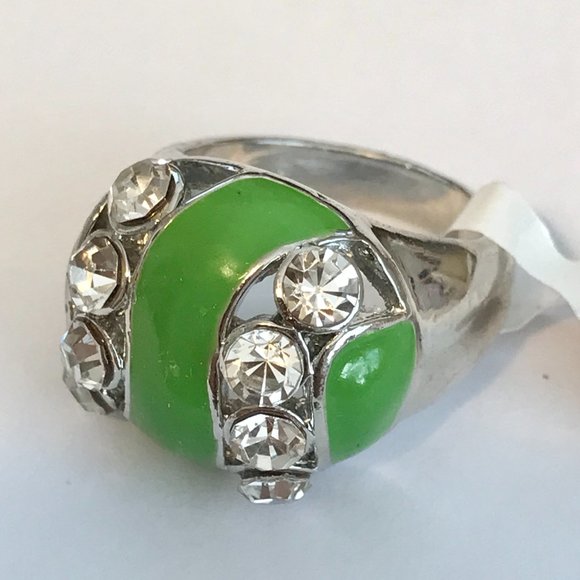 Vintage Green Enamel Cocktail Ring Silver Plated Crystal Rhinestone Size 8 Boho - Picture 7 of 10